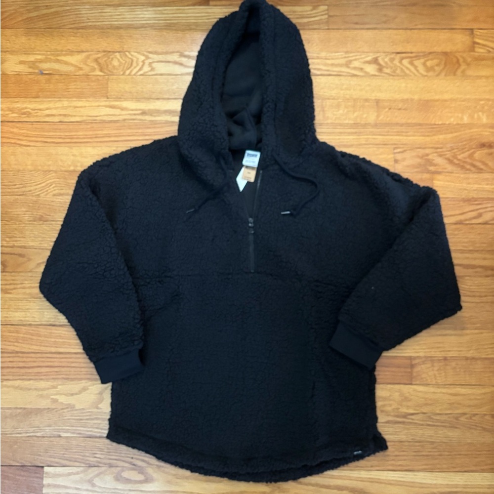 PINK Victoria’s Secret Pullover Women’s Medium Black Teddy Half Zip w Hood New
